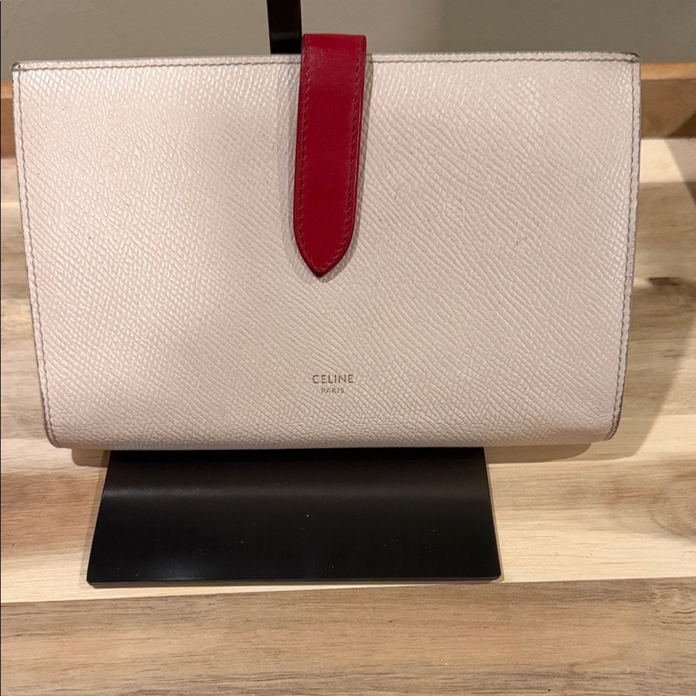 Celine Bicolor Leather Large Strap Wallet in powder/red grained calfskin